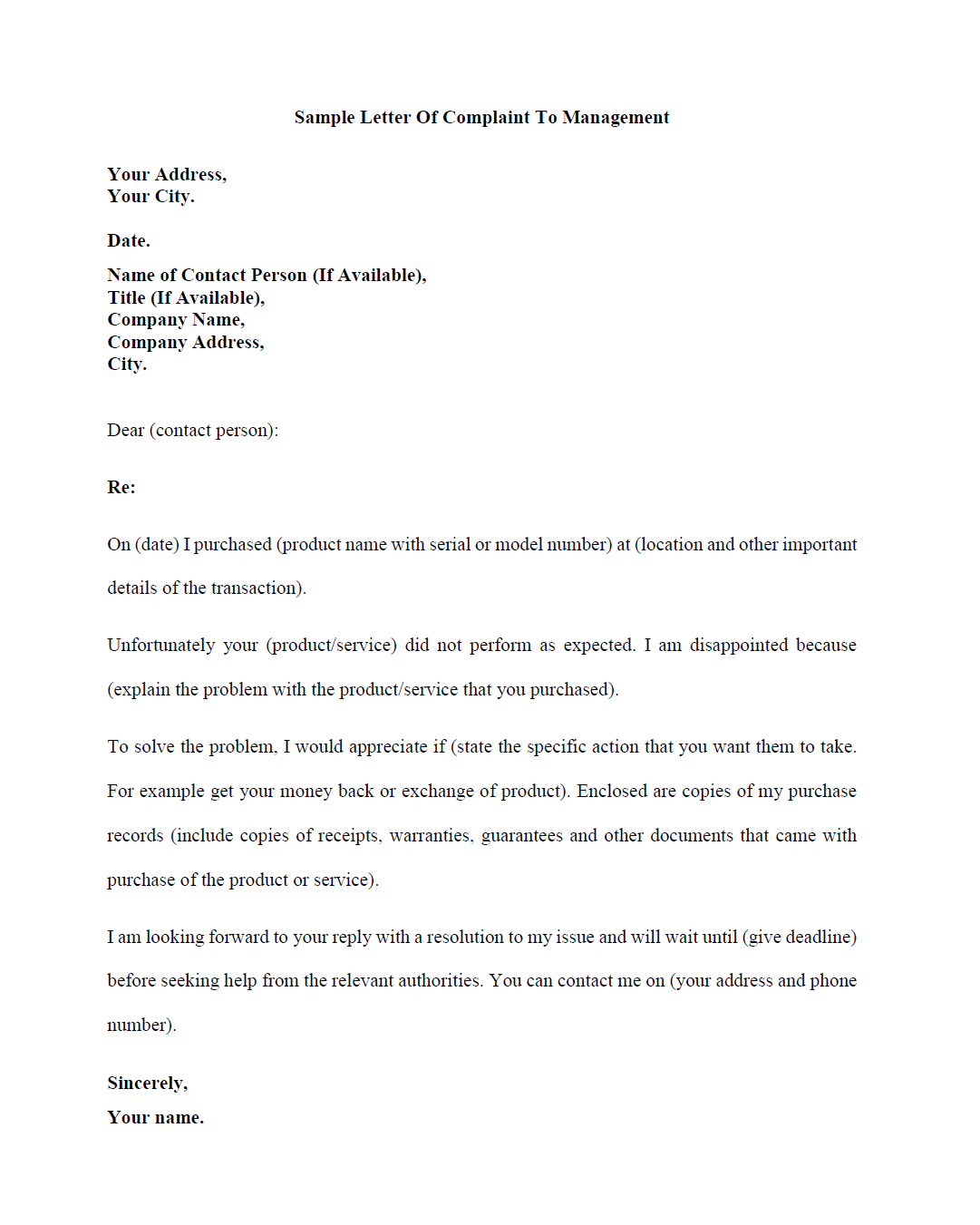 Complaint Letter Example: Sample Letter Of Complaint To Management
